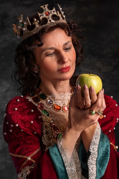 Portrait of queen with crown and apple fruit