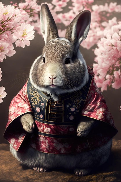 Portrait of a rabbit wearing a classic chinese kimono outfit on a cherry blossom background