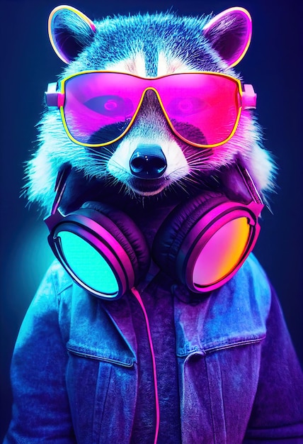 Portrait of a raccoon DJ in fancy glasses Raccoon DJ at the disco