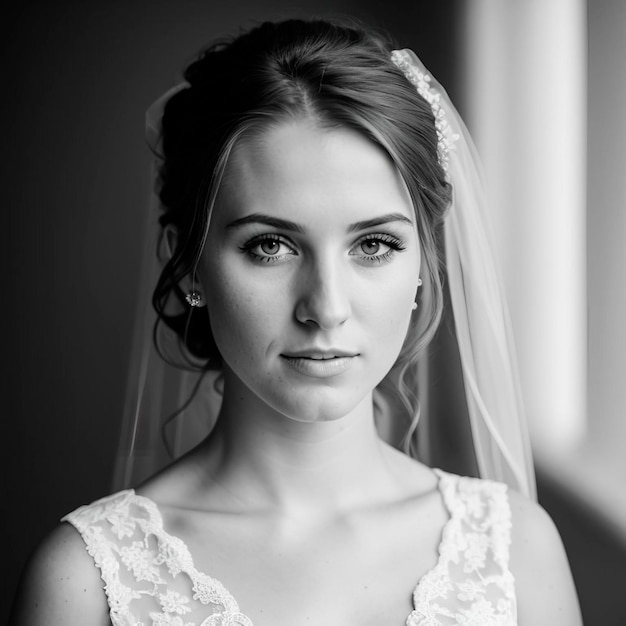 A portrait of a radiant 25yearold bride beaming with joy in her elegant wedding dress Captivating