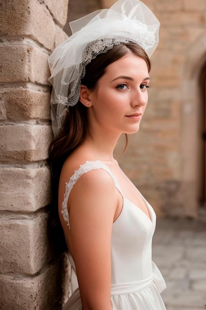 A portrait of a radiant 25yearold bride beaming with joy in her elegant wedding dress Captivating