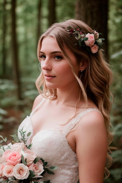 A portrait of a radiant 25yearold bride beaming with joy in her elegant wedding dress Captivating