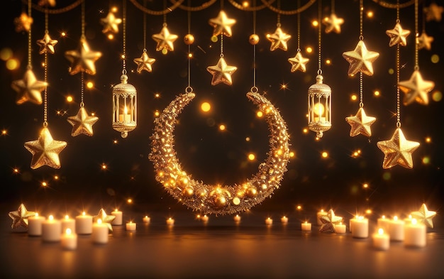 Photo portrait of ramazan with golden crescent and hanging lanterns