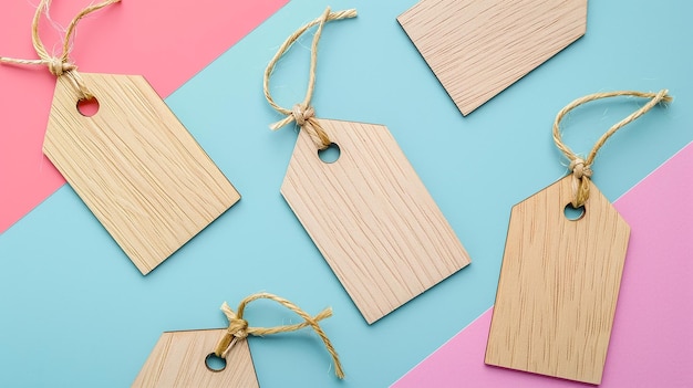 Photo portrait of range of blank wooden tags for crafting