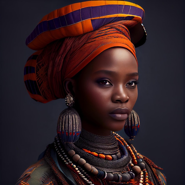 Portrait realistic graphics of an African woman with strong facial features in national clothes AI generated image