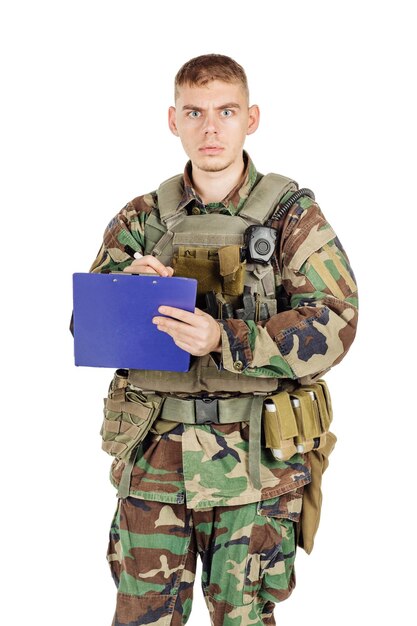 Portrait rebel or private military contractor holding pen and folder