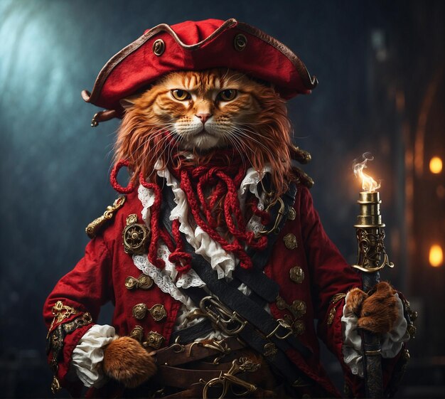 Portrait of a red cat in a pirate costume Fantasy