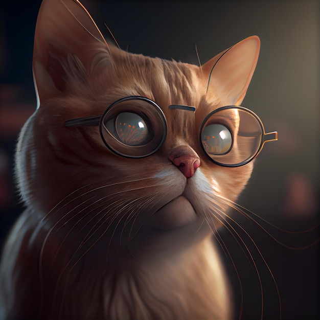 Portrait of a red cat with glasses 3D rendering