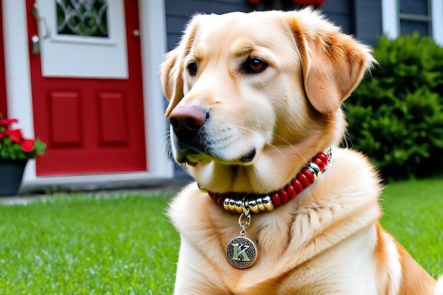 Portrait of a red dog on the background of the house