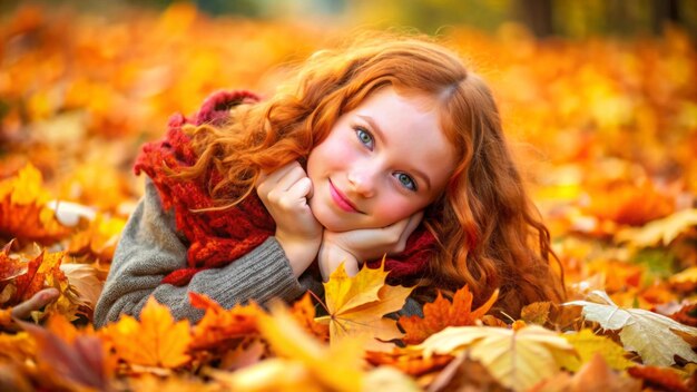 Photo portrait of a red haired girl on autumn leaves