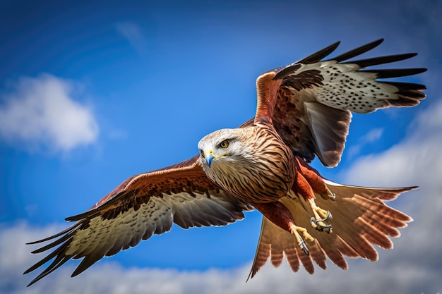 Portrait of a red kite milvus milvus with spread wings flying in the blue sky