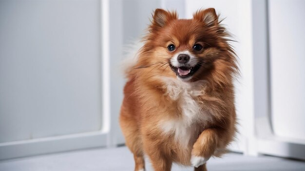 Portrait of red pomeranian spitz standing on its hind legs isolated on white backdrop