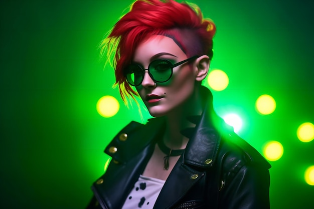 Portrait of a redhaired girl in a black leather jacket