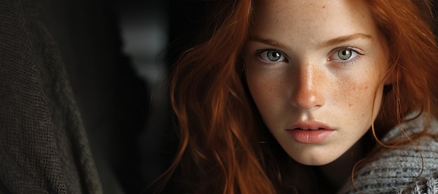 portrait of a redhaired girl with freckles closeup Generative AI