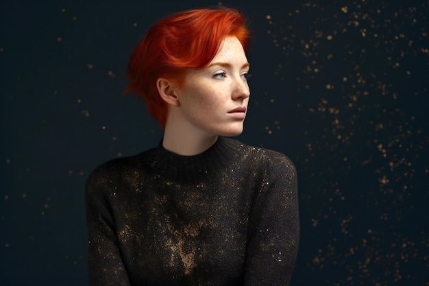 Portrait of a redhaired girl with freckles on a dark background