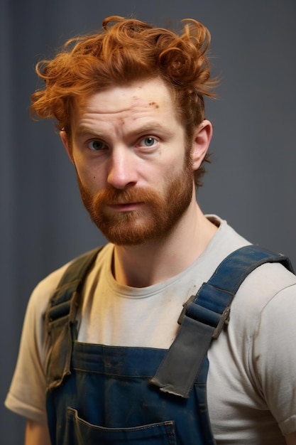 Portrait of a redhaired plumber on a gray background