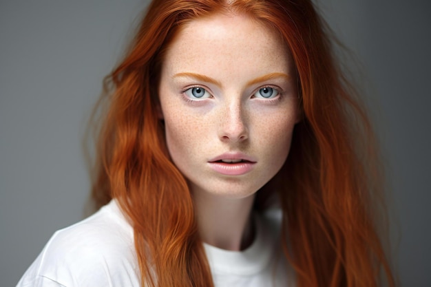 Portrait of a redhead girl with freckles on her face