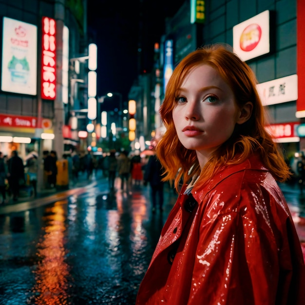 portrait of a redhead woman in a red raincoat looking at the camera at a bustling crosswalk in shi