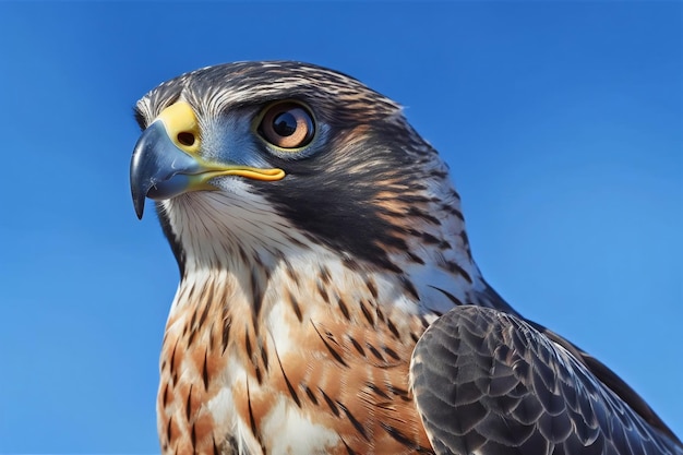 Portrait of a redtailed hawk against the blue sky