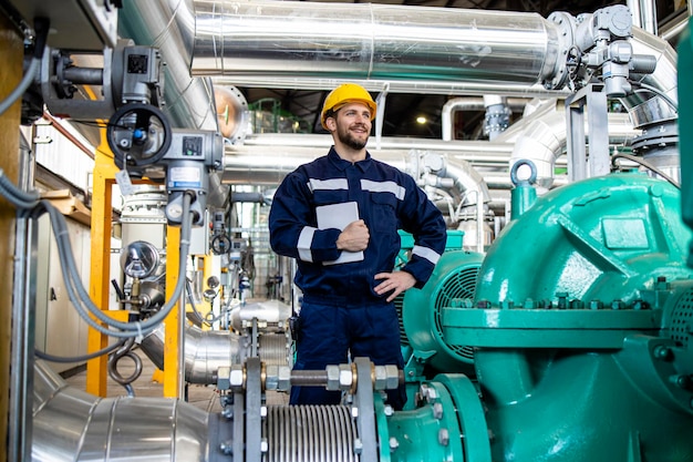 Portrait of refinery or factory engineer in safety equipment standing by gas pipeline