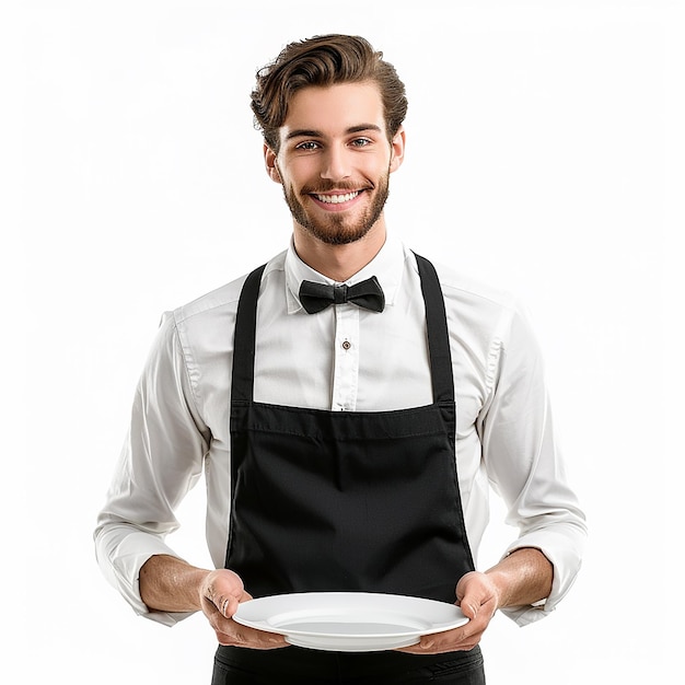 portrait of restaurant waiter on white background