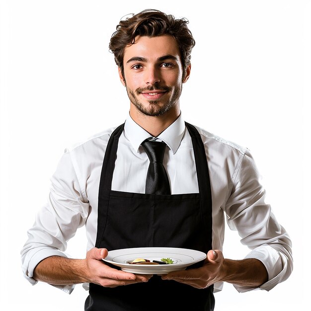 portrait of restaurant waiter on white background