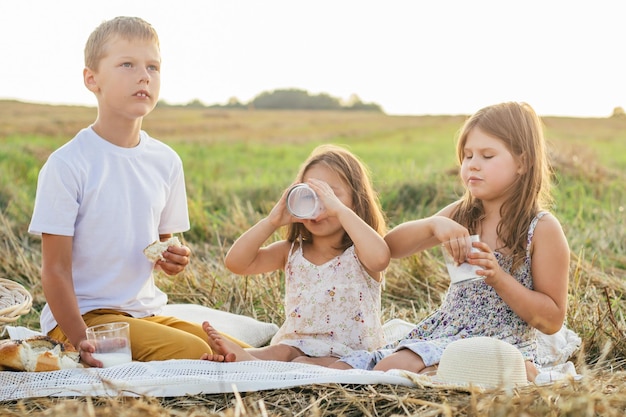 Portrait of resting three kids sitting on blanket in field having picnic lunch with milk and tasty bread on grass Side