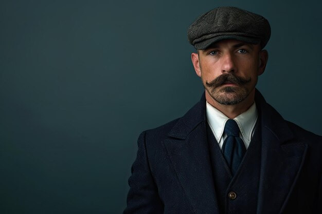 Portrait of retro 1920s english arabian business man wearing dark suit tie and flat cap