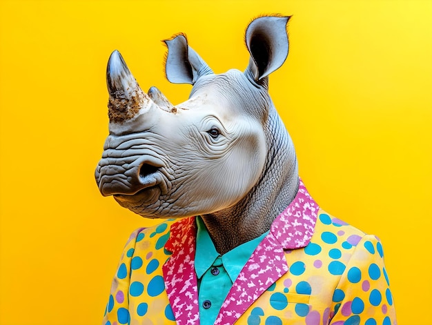 Portrait of a rhino wearing a stylish suit on a gradient background