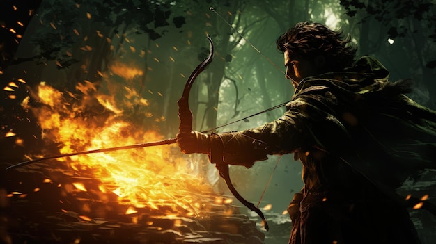 Portrait Of Robin Hood Firing Arrow In Enchanted Forest Generative AI