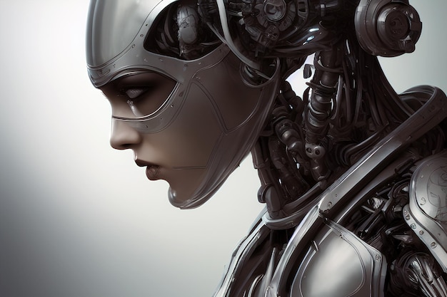 Portrait of robot woman on gray background Modern humanoid cyborg technology