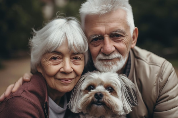 Portrait of romantic senior couple with their dog in the park Generative AI