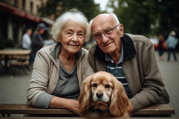 Portrait of romantic senior couple with their dog in the park Generative AI