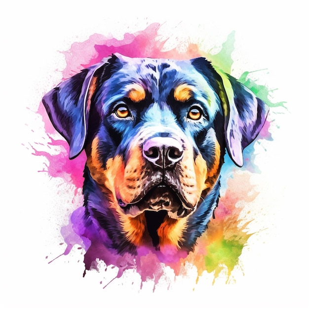 A portrait of a rottweiler with a colored background