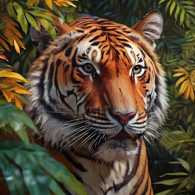 portrait of a royal bengal tiger vibrant color leaves 4k detailing