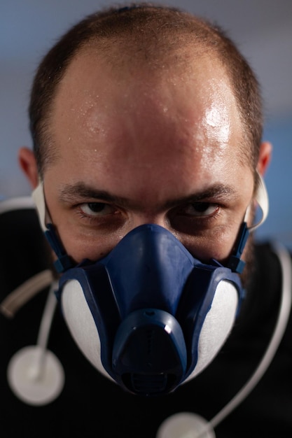 Portrait of runner man wearing mask looking into camera while working at body endurance in modern professional laboratory. Sportman with electrodes sensor on it doing cardio exercise