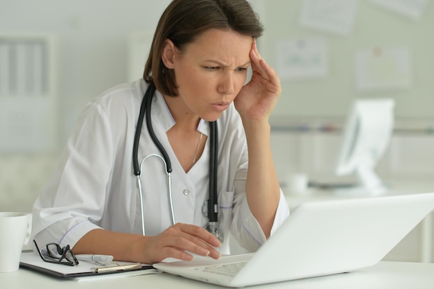 Portrait of sad female doctor in hospital