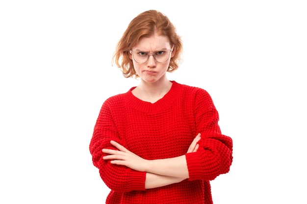 Portrait sad redhaired young woman isolated on white studio background Made mistake upset and depressed face