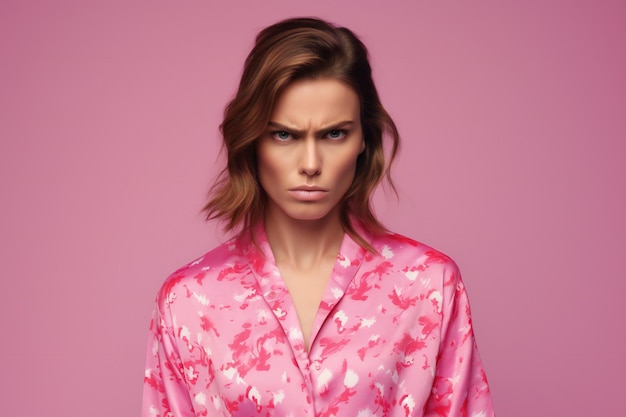 Portrait of sad woman in pink pajamas looking at camera