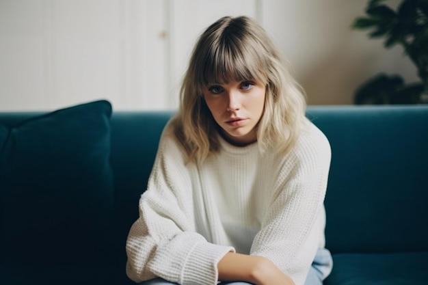 Photo portrait of sad and worried woman thinking about problems at home