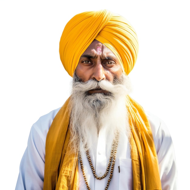 Photo portrait of a sadhu with yellow turban on white background