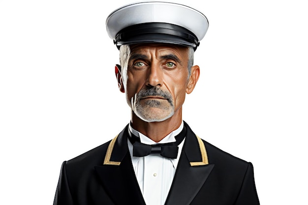 Portrait of a sailor captain in a tuxedo isolated on white background