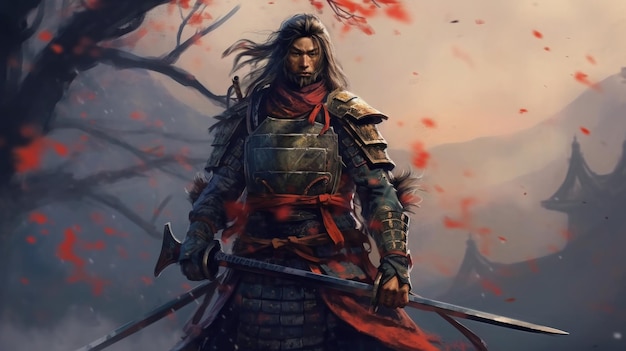 Portrait of samurai in traditional armor with katana Generative AI