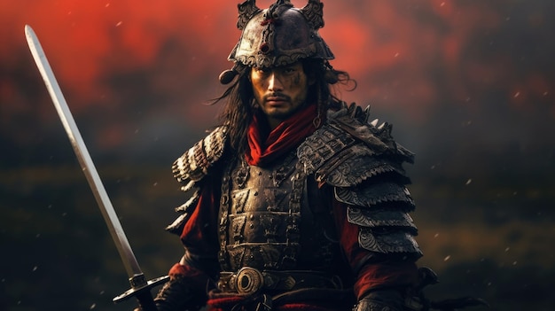 Portrait of samurai in traditional armor with katana Generative AI