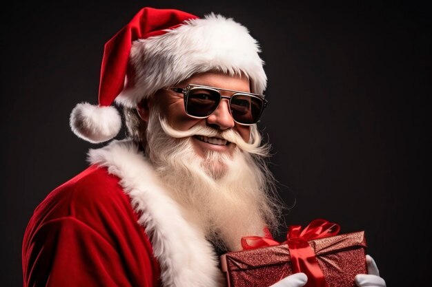 Photo portrait santa claus smiling with sunglasses and a gift in his hands copy space