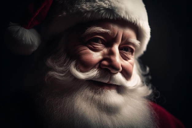 A portrait of santa claus with a dark background.