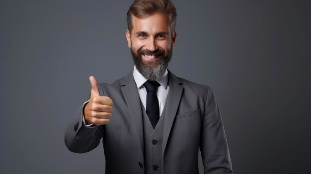 Portrait of satisfied delighted bearded man working on laptop with smile and showing thumb up