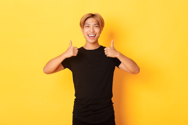 Portrait of satisfied handsome asian male student showing thumbs-up in approval