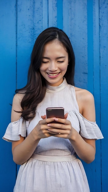 Portrait of satisfied young woman checks newsfeed on smartphone wears dress poses with bare shoulde