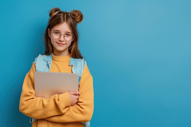 Photo portrait of a schoolgirl in glasses holding a laptop against a blue background